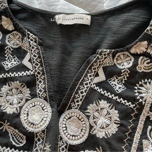 Lucky Brand Dark Green Embroidered  Tiered Tunic Top Medium